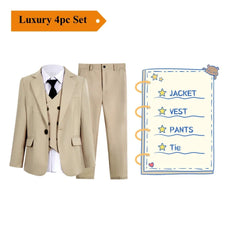 A beige four-piece formal suit set for boys including a jacket, vest, pants, and a black tie.