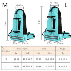 Two turquoise dog travel backpacks are shown with a size chart comparing medium and large options.