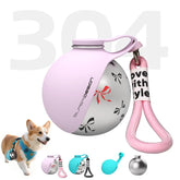 A spherical stainless steel pet water bottle with a pink silicone cover and carrying strap.