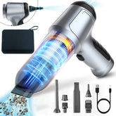 A silver handheld cordless vacuum cleaner with various attachments and a storage bag.