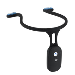 A black silicone smart posture corrector with a digital display and power button.