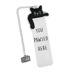 A stainless steel bookmark featuring a black cat design and the text You Pawsed Here.