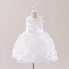 3D Flower Party Girls Dress Elegant Sequin Tulle Birthday Wedding Dresses for Girl Vestido Bow Bridesmaids Piano Evening Costume