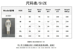 A size chart for a floral print one-shoulder sheath dress with half-length lantern sleeves.