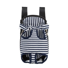 A navy and white striped pet carrier backpack with adjustable straps and leg openings.