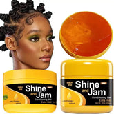 A woman with styled hair is shown next to two yellow jars of Shine and Jam conditioning gel.