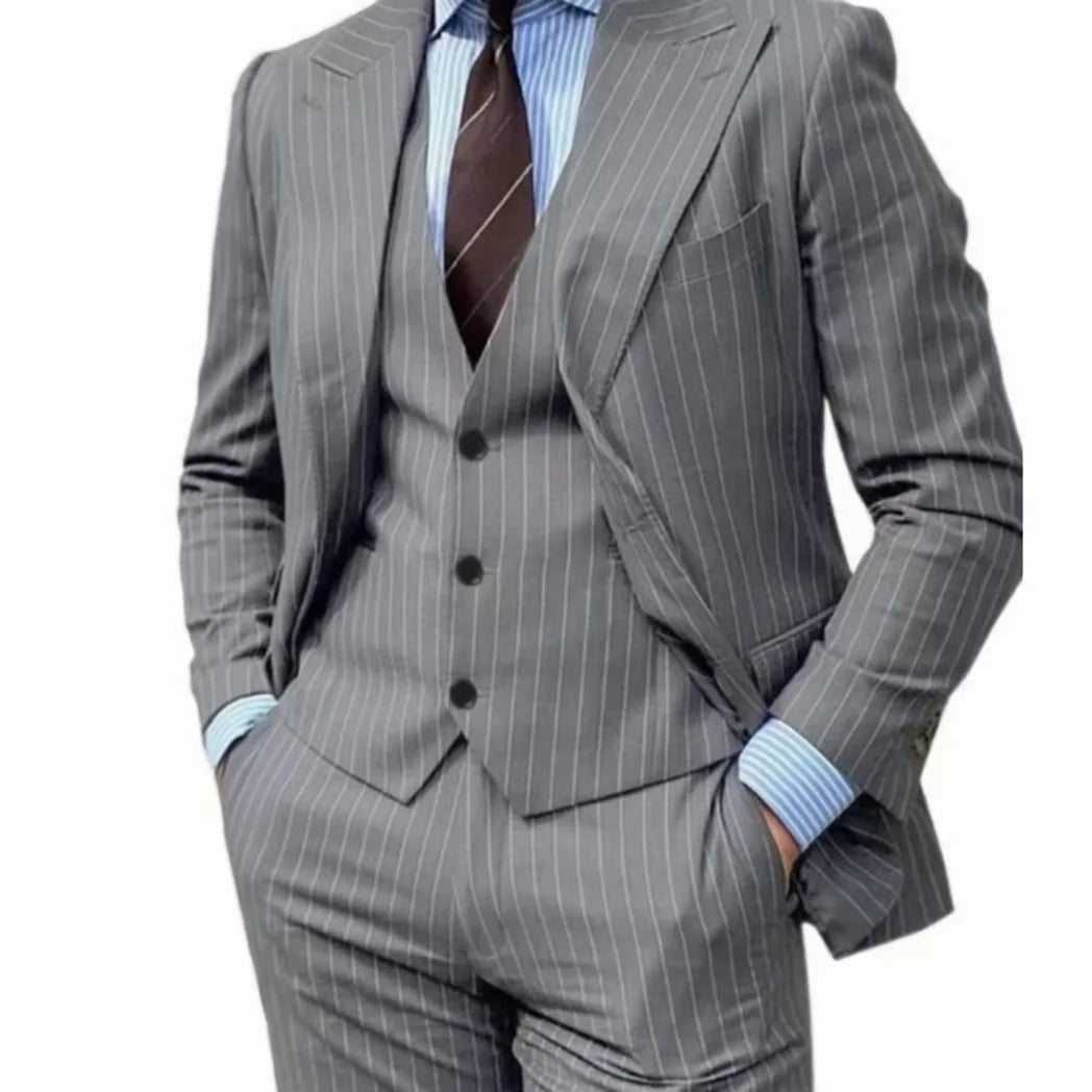 A slim-fit grey pinstripe three-piece suit featuring a blazer, vest, and trousers.