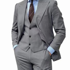 A slim-fit grey pinstripe three-piece suit featuring a blazer, vest, and trousers.