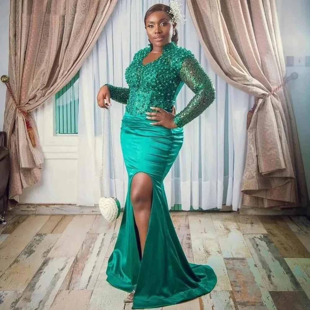 Aso Ebi African Mermaid Prom Dresses High Split Crystals Pearls Women Formal Party Evening Gowns Customized Plus Size Clothing SHOWLU FASHION STORE