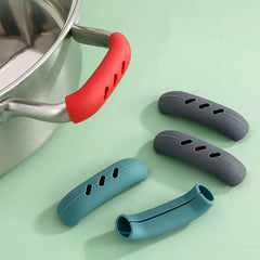 A set of colorful silicone pot handle covers shown next to a metal pot handle.