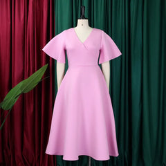 A solid pink V-neck midi dress with butterfly sleeves and an A-line silhouette.