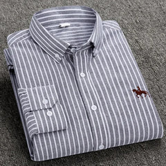 Casual Pure Cotton Oxford Mens Shirts Long Sleeve Embroidery Horse Design Regular Fit Fashion Button Man White Dress Shirt