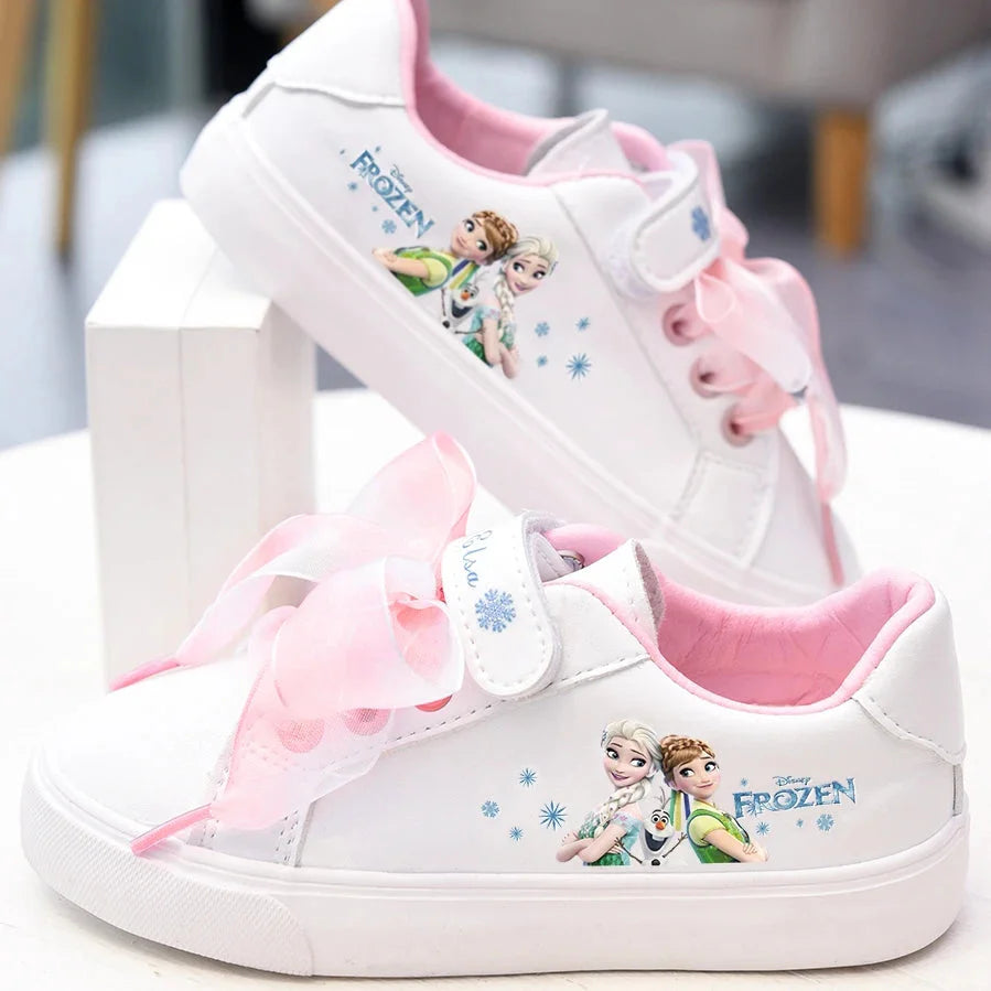 Disney Girls Frozen Princess White PU Leather Bow White Casual Shoes Non-slip Soft Bottom Sports Casual Shoes For Girl Size 23-3 SHOWLU FASHION STORE