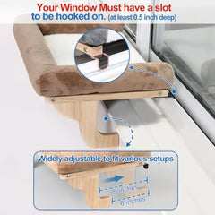 A wooden cat window perch with a bolster cushion and adjustable metal mounting brackets.