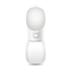 A white portable pet water bottle with a built-in drinking bowl and a paw-print button.