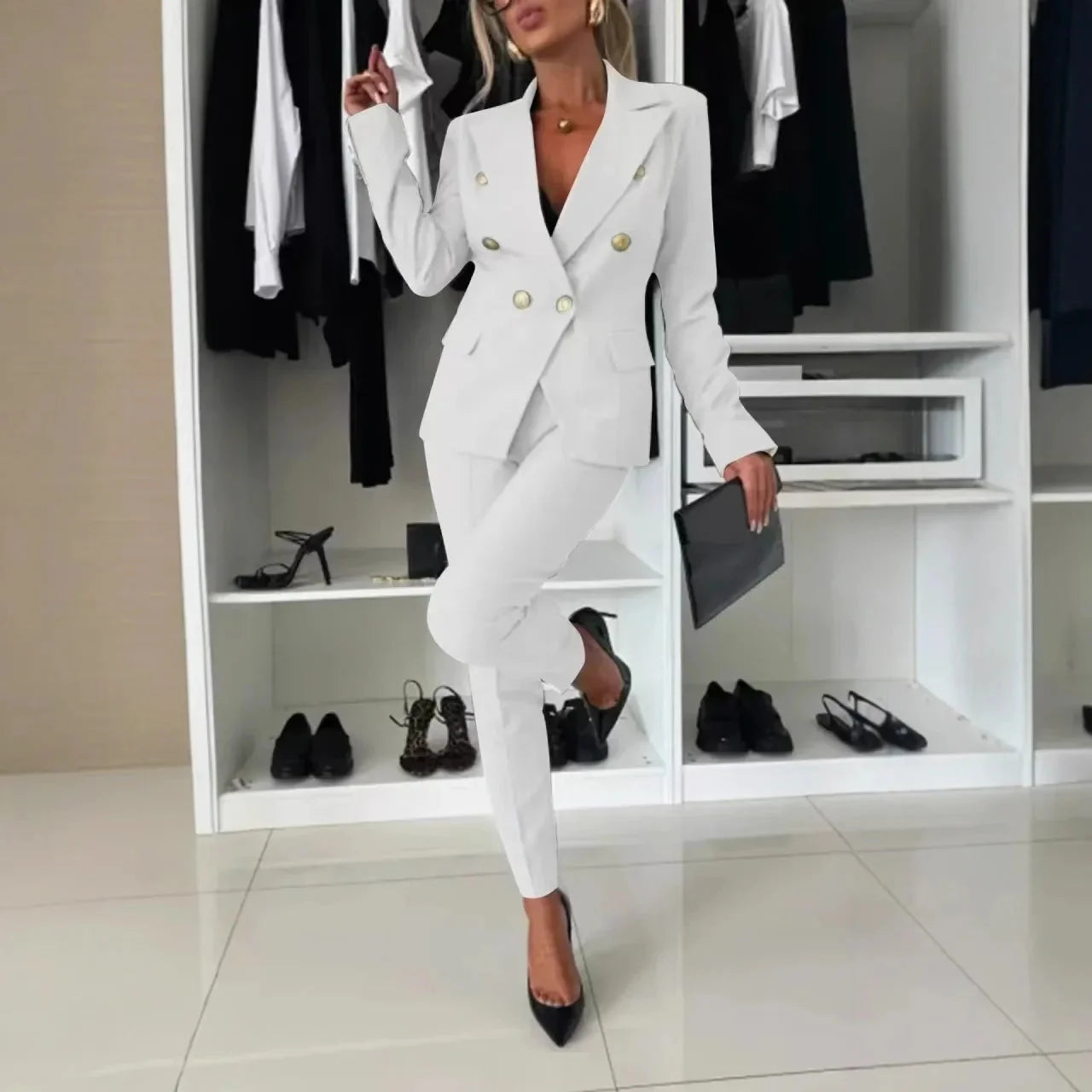 Women Office Smart Clothes Set 2pcs Blazer Double Breasted Button Solid Color Jacket & High Waist Slim Pencil Pants SHOWLU FASHION STORE