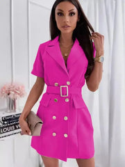 Elegant Office Lady Rose Red Mini Blazer Dress With Belt 2024 New Summer Fashion Double Breasted Short Sleeved Dress For Women SHOWLU FASHION STORE