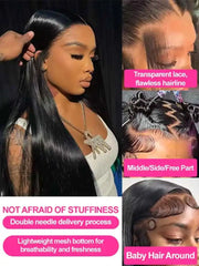 A long, straight black human hair wig with a transparent lace frontal and baby hair.