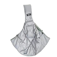 A silver quilted sling carrier for small pets featuring a shoulder strap and a front pocket.