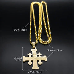 A gold-colored stainless steel Jerusalem cross pendant necklace engraved with the Lord's Prayer.