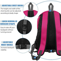 A pink and black pet backpack carrier showing adjustable chest, shoulder, and waist buckles.