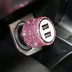 USB Car Charger Pink Crystal Diamond 5V 2.1A Dual Port Fast Charging Adapter 3 in 1 Charging Cable for IPhone Samsung Huawei