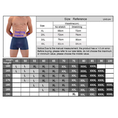 A size reference chart for men's boxer briefs showing waist measurements and a height-weight grid.