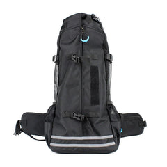 A black waterproof dog travel backpack with mesh side panels and adjustable straps.