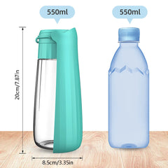 A turquoise portable dog water bottle with a 550ml capacity shown next to a standard water bottle.