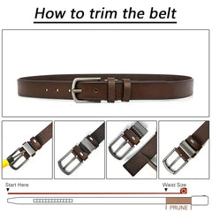 A brown leather men's belt with a metal pin buckle and a diagram showing how to trim it.