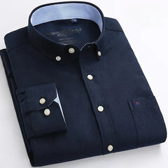 Men's 100% Cotton Smart Casual Shirt Long Sleeve Plaid Oxford Casual Solid Color Print Regular Fit Dress Shirt Oversized 6XL