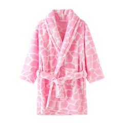 A pink and white giraffe-patterned flannel bathrobe for children with a shawl collar and belt.