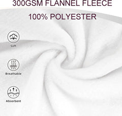 A close-up of white 300GSM flannel fleece fabric with icons indicating it is soft, breathable, and absorbent.