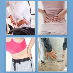 Four images show people experiencing back pain.