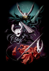 A vertical canvas print featuring three stylized Hollow Knight characters with swords.