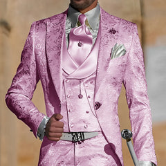 Showlu Fashion Store men's jacquard 3-piece suit featuring formal tuxedo jacket, pants, and vest for groom or wedding occasions.