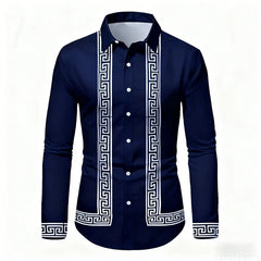 Men's Retro Geometric Print Long-Sleeve Shirt, Stylish Black and White Color-Blocked Slim Fit Shirt, Casual and Versatile Top