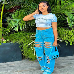 Women's New Fall Street Fashion Individuality Spice Girl Broken Hole High-waisted Ripped Multi-pocket Straight Leg Jeans Y2k