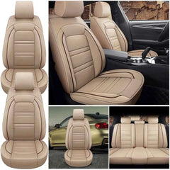 A full set of beige PU leather car seat covers with dark brown piping and horizontal stitching.