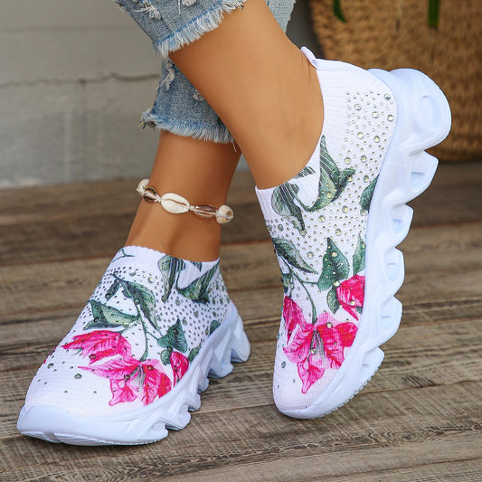 Crystal Floral Knitted Sneakers Women Summer 2024 Breathable Mesh Flat Heels Casual Shoes Woman Comfortable Soft Bottom Flats 43