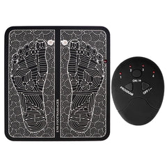 An EMS foot massager mat with a black and white pattern and a matching remote control.