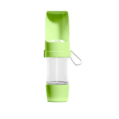 A light green portable pet water bottle with a built-in food container and drinking bowl.
