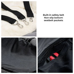 A three-part image shows a pet car seat with a safety belt, a non-slip base, and seatbelt pockets.