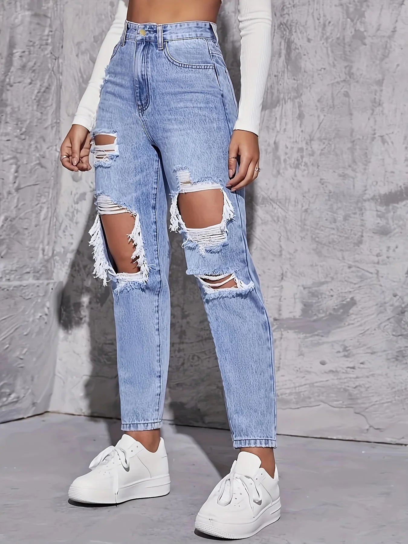 American Retro Hole-punched Jeans Women High Waist Straight-crotch Loose Slim Design High-street Vibe Wide-legged Dragging Pants SHOWLU FASHION STORE