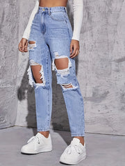 American Retro Hole-punched Jeans Women High Waist Straight-crotch Loose Slim Design High-street Vibe Wide-legged Dragging Pants SHOWLU FASHION STORE