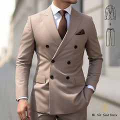 New 2 pcs Double-breasted Suit Set Men's Slim-fit Young Men Blazer Jacket Dress Suits Pants Ensemble Wedding Ball Reunion Attire