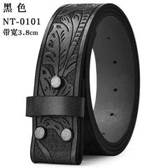 A black Western-style PU leather belt featuring an embossed floral pattern and metal rivets.