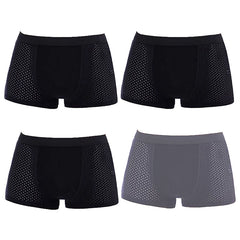 A set of four men's breathable mesh boxer briefs in black and grey.