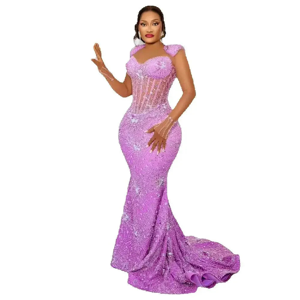Aso Ebi African Mermaid Prom Dresses High Split Crystals Pearls Women Formal Party Evening Gowns Customized Plus Size Clothing SHOWLU FASHION STORE