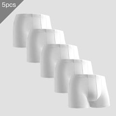 A set of five white men's boxer briefs made from a lightweight, breathable knit fabric.